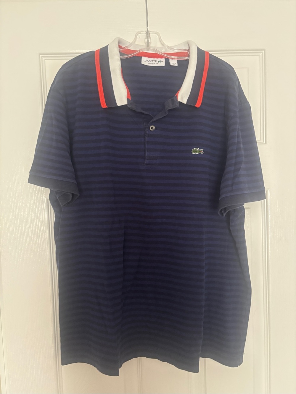 Lacoste Men's Navy Striped Polo Shirt with Contrast Collar